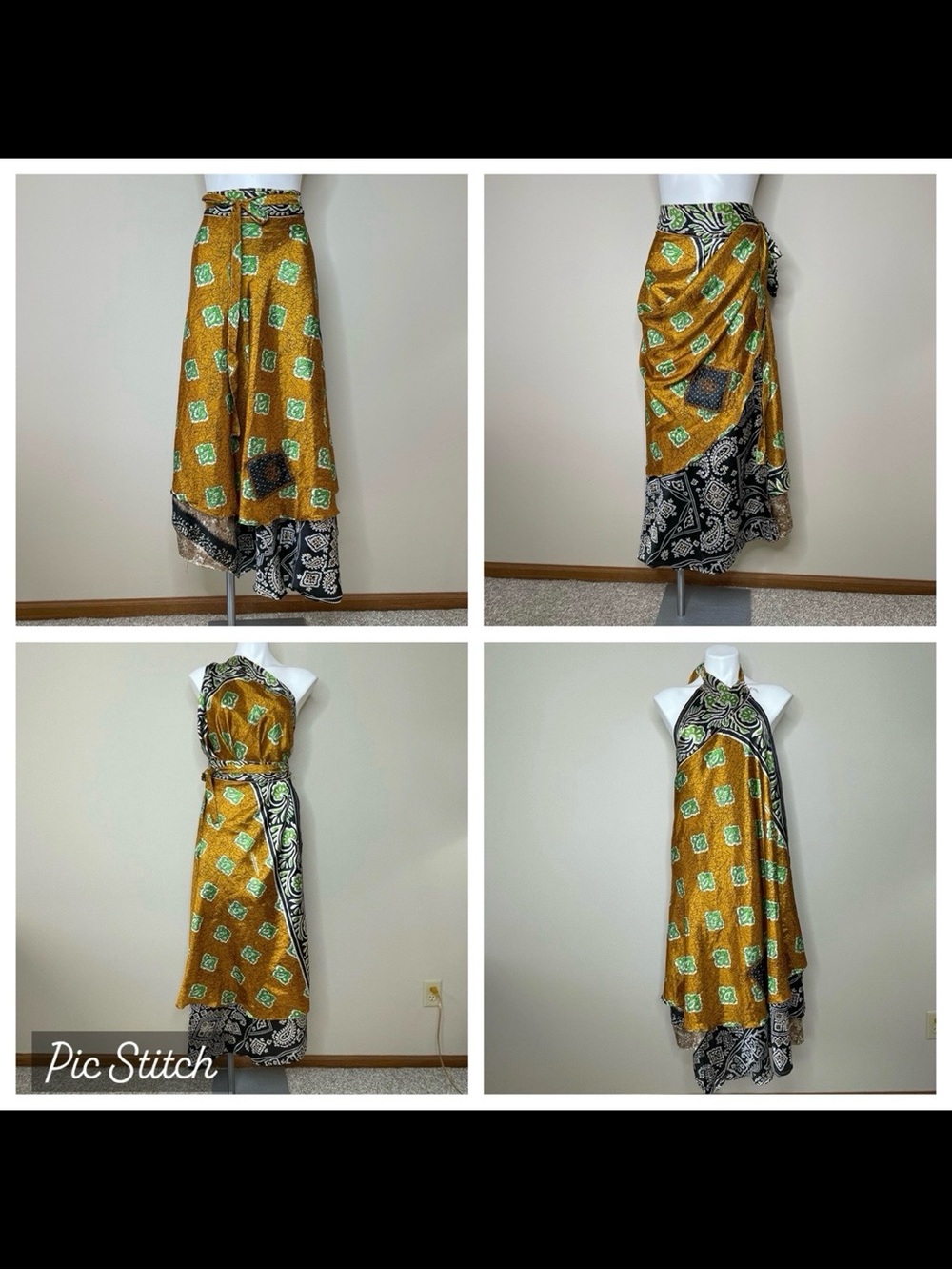 Vintage Silk “Magic” Asymmetrical Wrap Skirt/Dress in Gold, Green and Neutrals